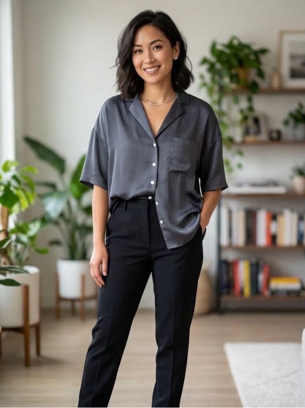 H&M Loose Fit Black Satin Shirt SZ L